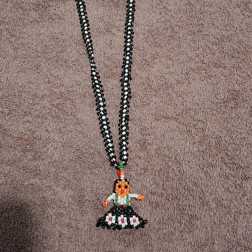 Vintage Artisan Beaded Huichol Lady Pendant Necklace